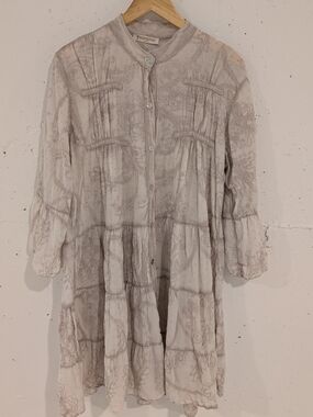 Linen Soft Paisley Button-Front Tunic Dress - Light Taupe